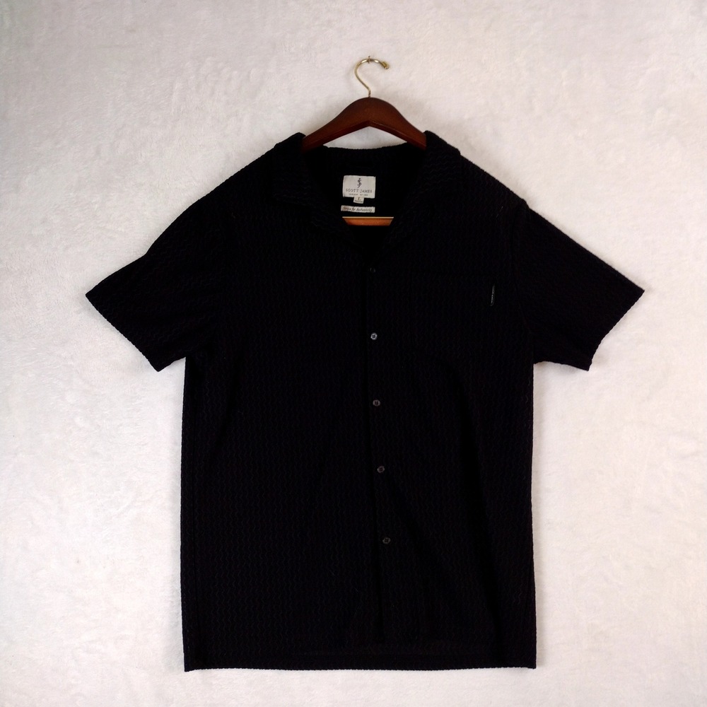 Scott James Mens Black Textured Short Sleeve Button Down Camp Shirt Large